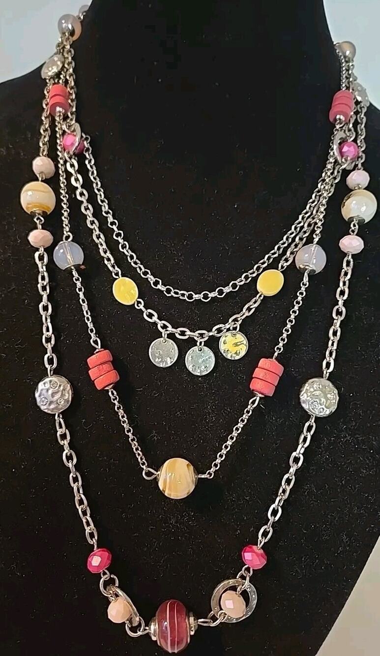 Beautiful Foiled Glass Crystal Bead Fushia 4 Strand Adjustable Necklace 26 In.